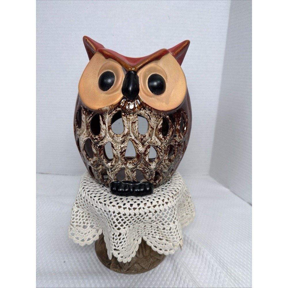 Ceramic 7.5" Tall Mr. Owl Votive Candle Holder. Glossy Finish Big Eyes. No Cdl
